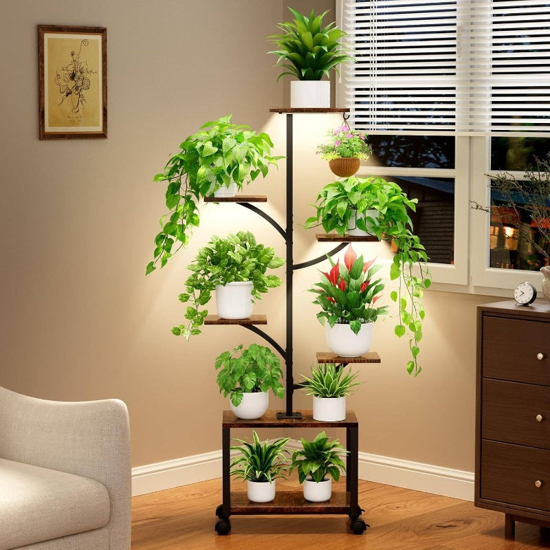 Suporte de planta interior com rodas de luzes de crescimento, 59 altos 7 - Prateleira de planta móvel de canto interior, planta de metal - Suporte de planta em forma de árvore para sala de estar, pátio, varanda, preto