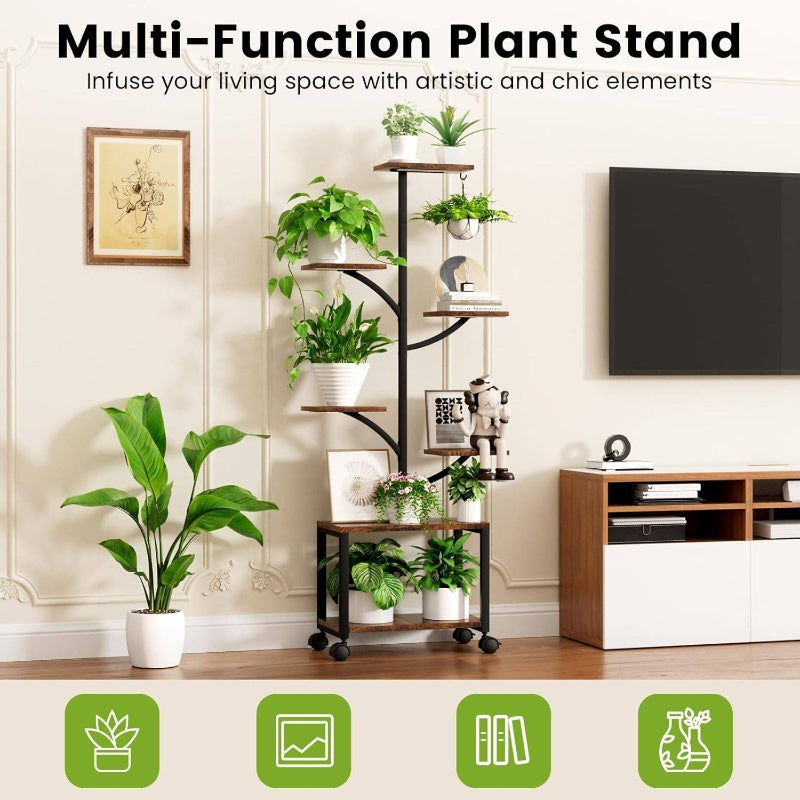 Suporte de planta interior com rodas de luzes de crescimento, 59 altos 7 - Prateleira de planta móvel de canto interior, planta de metal - Suporte de planta em forma de árvore para sala de estar, pátio, varanda, preto