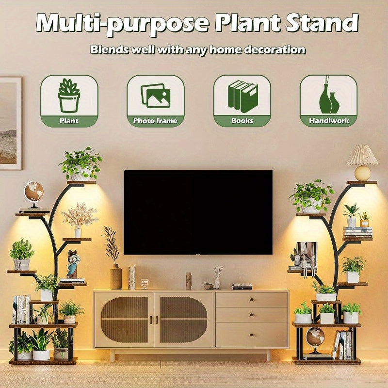 Suporte para Plantas de 8 Níveis com Gaveta de Armazenamento - Prateleira Metálica Resistente para Interior/Exterior, Design Vertical Economizador de Espaço, Estabilidade em Canto Curvo para Sala, Varanda, Casa ou Escritório - Expositor Moderno Estilo Faz