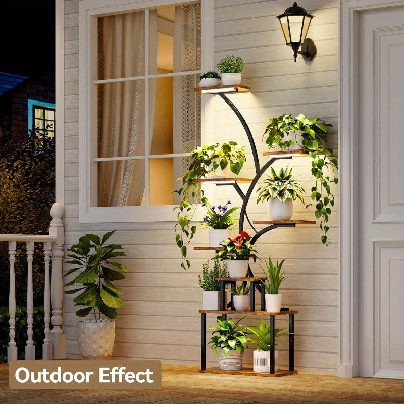 Suporte para Plantas de 8 Níveis com Gaveta de Armazenamento - Prateleira Metálica Resistente para Interior/Exterior, Design Vertical Economizador de Espaço, Estabilidade em Canto Curvo para Sala, Varanda, Casa ou Escritório - Expositor Moderno Estilo Faz