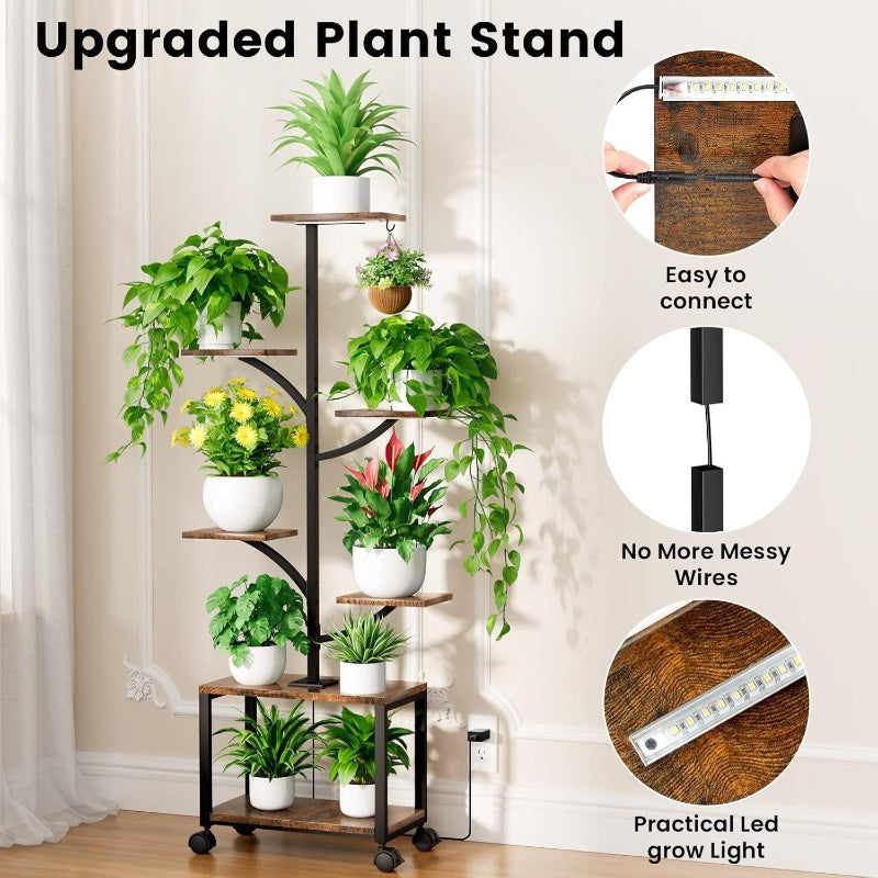 Suporte de planta interior com rodas de luzes de crescimento, 59 altos 7 - Prateleira de planta móvel de canto interior, planta de metal - Suporte de planta em forma de árvore para sala de estar, pátio, varanda, preto
