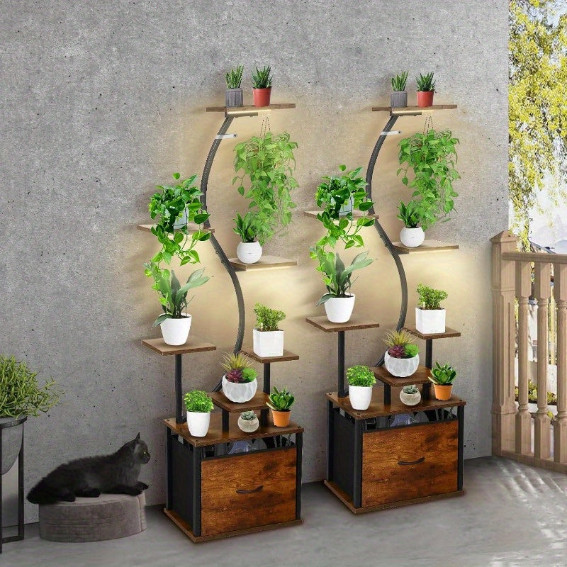 Suporte para Plantas de 8 Níveis com Gaveta de Armazenamento - Prateleira Metálica Resistente para Interior/Exterior, Design Vertical Economizador de Espaço, Estabilidade em Canto Curvo para Sala, Varanda, Casa ou Escritório - Expositor Moderno Estilo Faz