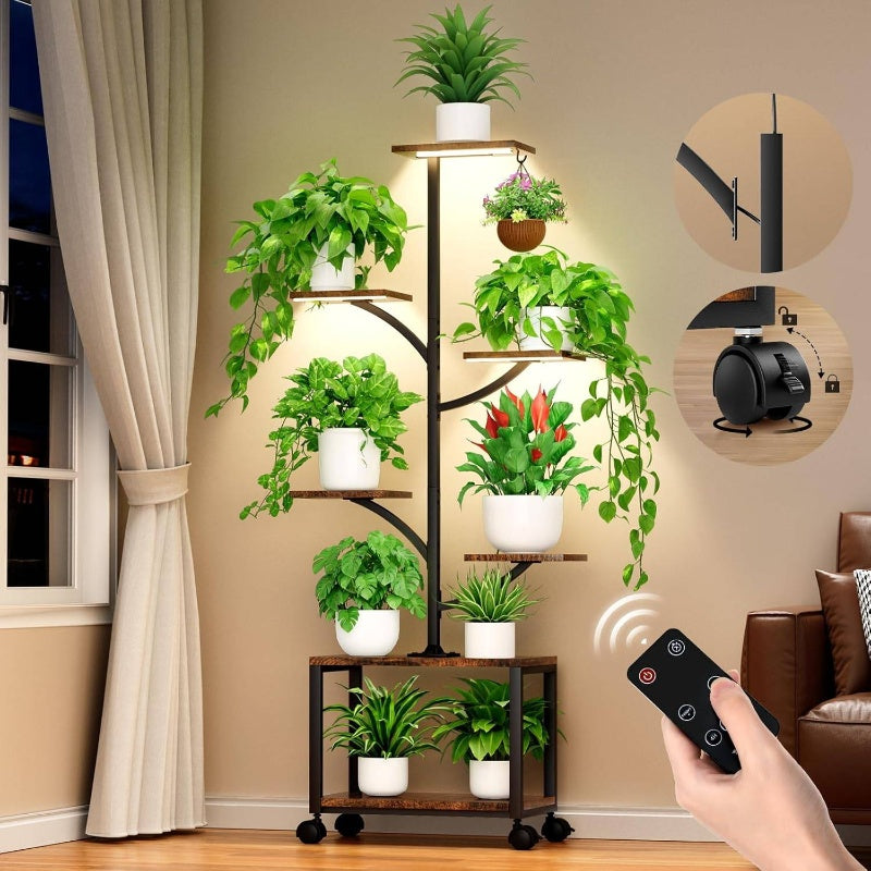 Suporte de planta interior com rodas de luzes de crescimento, 59 altos 7 - Prateleira de planta móvel de canto interior, planta de metal - Suporte de planta em forma de árvore para sala de estar, pátio, varanda, preto