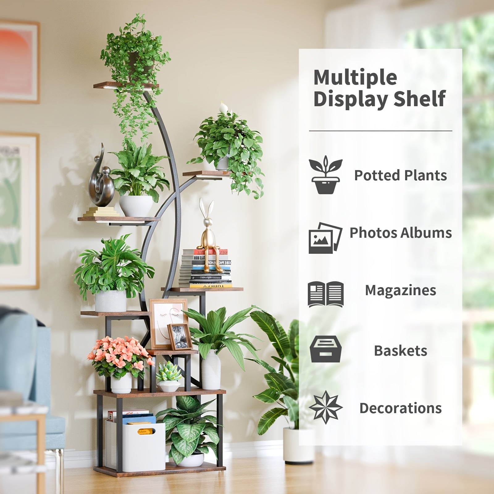 Prateleira de plantas grandes de 65 polegadas, prateleira de exibição curva de metal, prateleira de plantas interiores, prateleiras de canto altas de 8 níveis múltiplas para plantas interiores, adequadas para colocar plantas em vasos, livros, álbuns de fo
