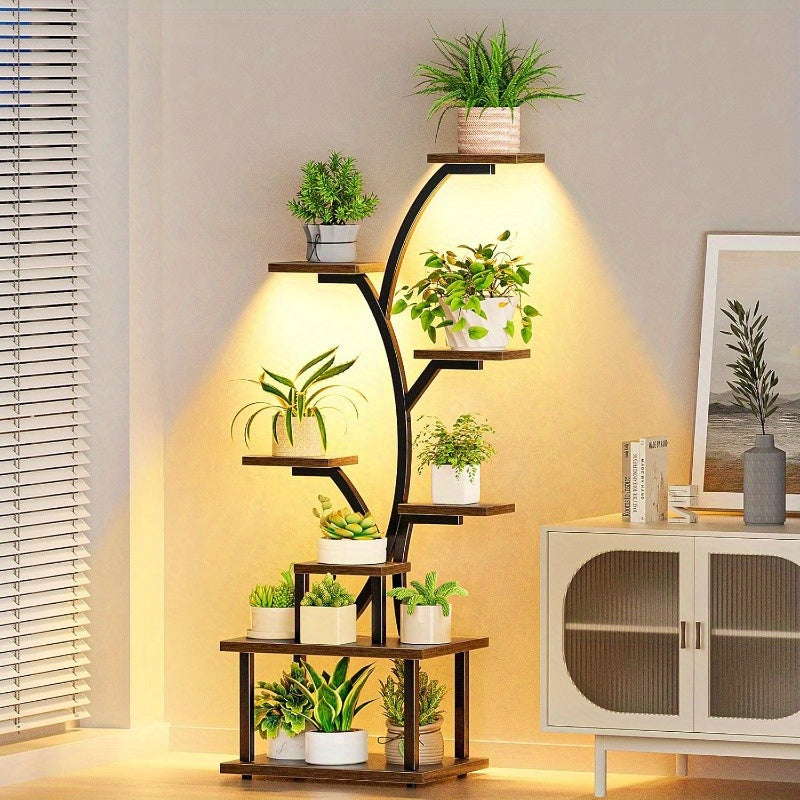 Suporte para Plantas de 8 Níveis com Gaveta de Armazenamento - Prateleira Metálica Resistente para Interior/Exterior, Design Vertical Economizador de Espaço, Estabilidade em Canto Curvo para Sala, Varanda, Casa ou Escritório - Expositor Moderno Estilo Faz