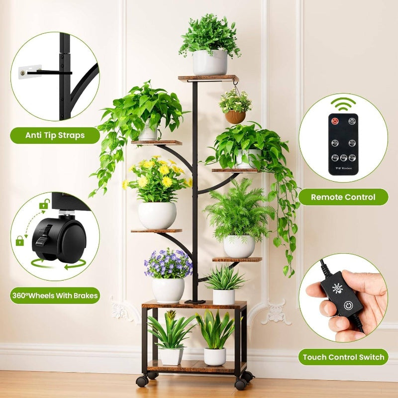 Suporte de planta interior com rodas de luzes de crescimento, 59 altos 7 - Prateleira de planta móvel de canto interior, planta de metal - Suporte de planta em forma de árvore para sala de estar, pátio, varanda, preto