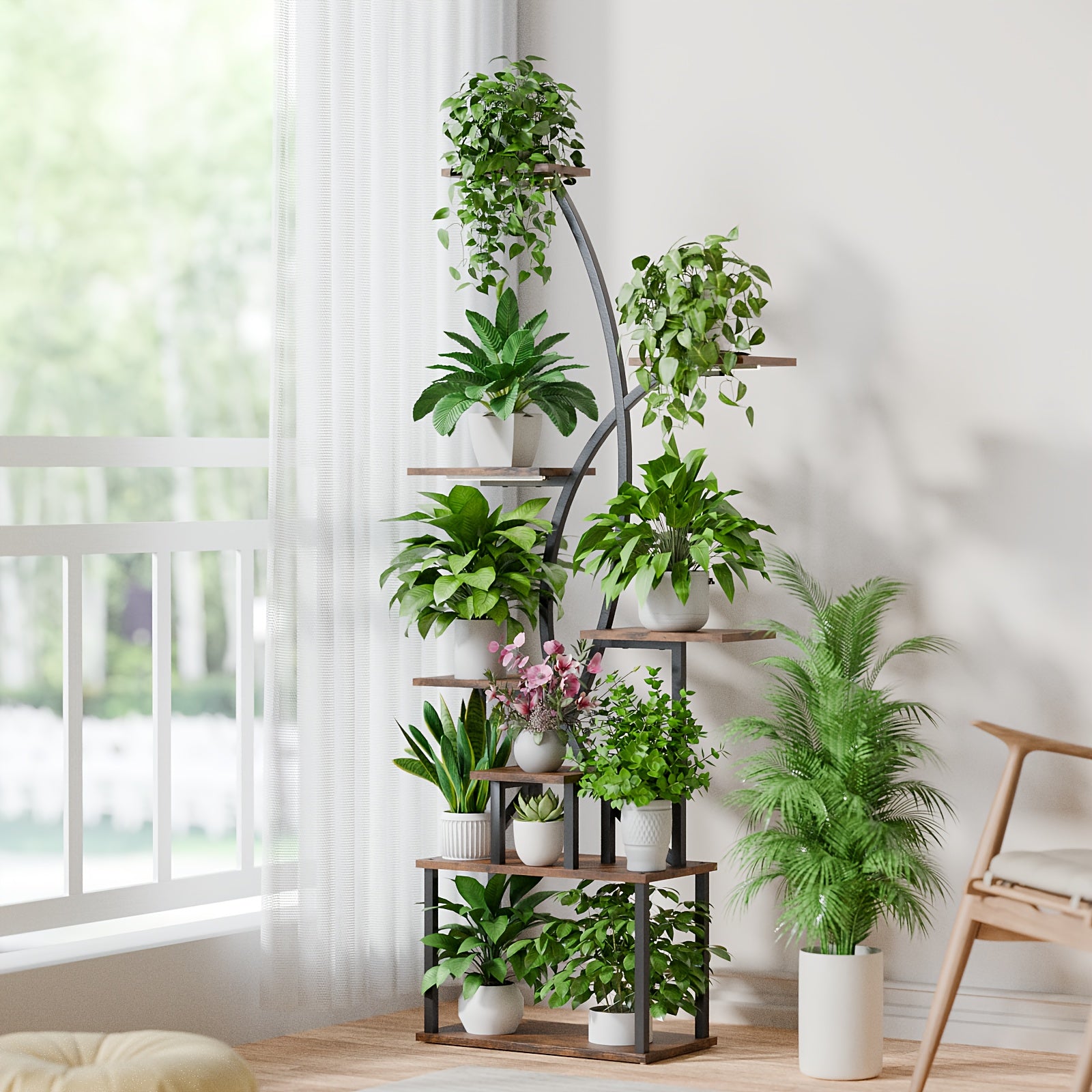 Prateleira de plantas grandes de 65 polegadas, prateleira de exibição curva de metal, prateleira de plantas interiores, prateleiras de canto altas de 8 níveis múltiplas para plantas interiores, adequadas para colocar plantas em vasos, livros, álbuns de fo
