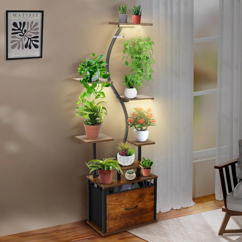 Suporte para Plantas de 8 Níveis com Gaveta de Armazenamento - Prateleira Metálica Resistente para Interior/Exterior, Design Vertical Economizador de Espaço, Estabilidade em Canto Curvo para Sala, Varanda, Casa ou Escritório - Expositor Moderno Estilo Faz