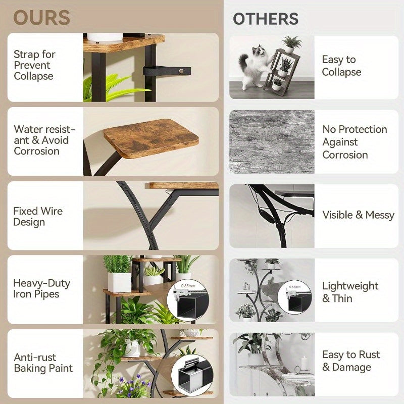 Suporte para Plantas de 8 Níveis com Gaveta de Armazenamento - Prateleira Metálica Resistente para Interior/Exterior, Design Vertical Economizador de Espaço, Estabilidade em Canto Curvo para Sala, Varanda, Casa ou Escritório - Expositor Moderno Estilo Faz