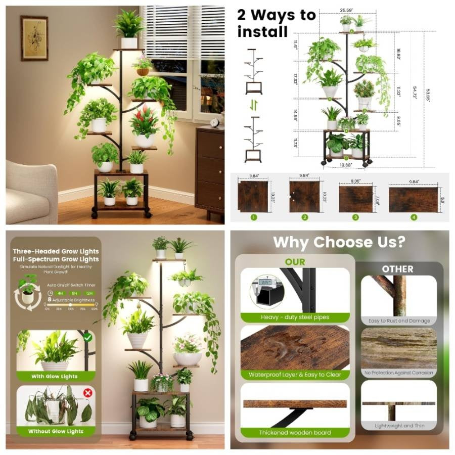 Suporte de planta interior com rodas de luzes de crescimento, 59 altos 7 - Prateleira de planta móvel de canto interior, planta de metal - Suporte de planta em forma de árvore para sala de estar, pátio, varanda, preto