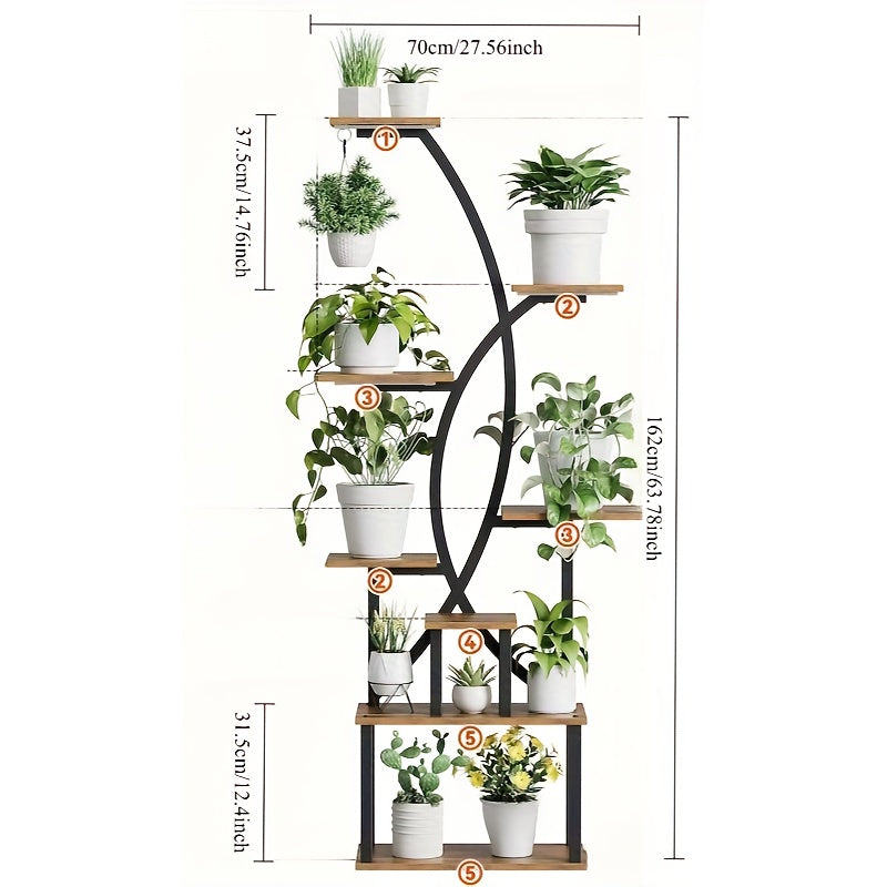 Prateleira de plantas grandes de 65 polegadas, prateleira de exibição curva de metal, prateleira de plantas interiores, prateleiras de canto altas de 8 níveis múltiplas para plantas interiores, adequadas para colocar plantas em vasos, livros, álbuns de fo