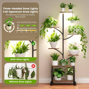 Suporte de planta interior com rodas de luzes de crescimento, 59 altos 7 - Prateleira de planta móvel de canto interior, planta de metal - Suporte de planta em forma de árvore para sala de estar, pátio, varanda, preto