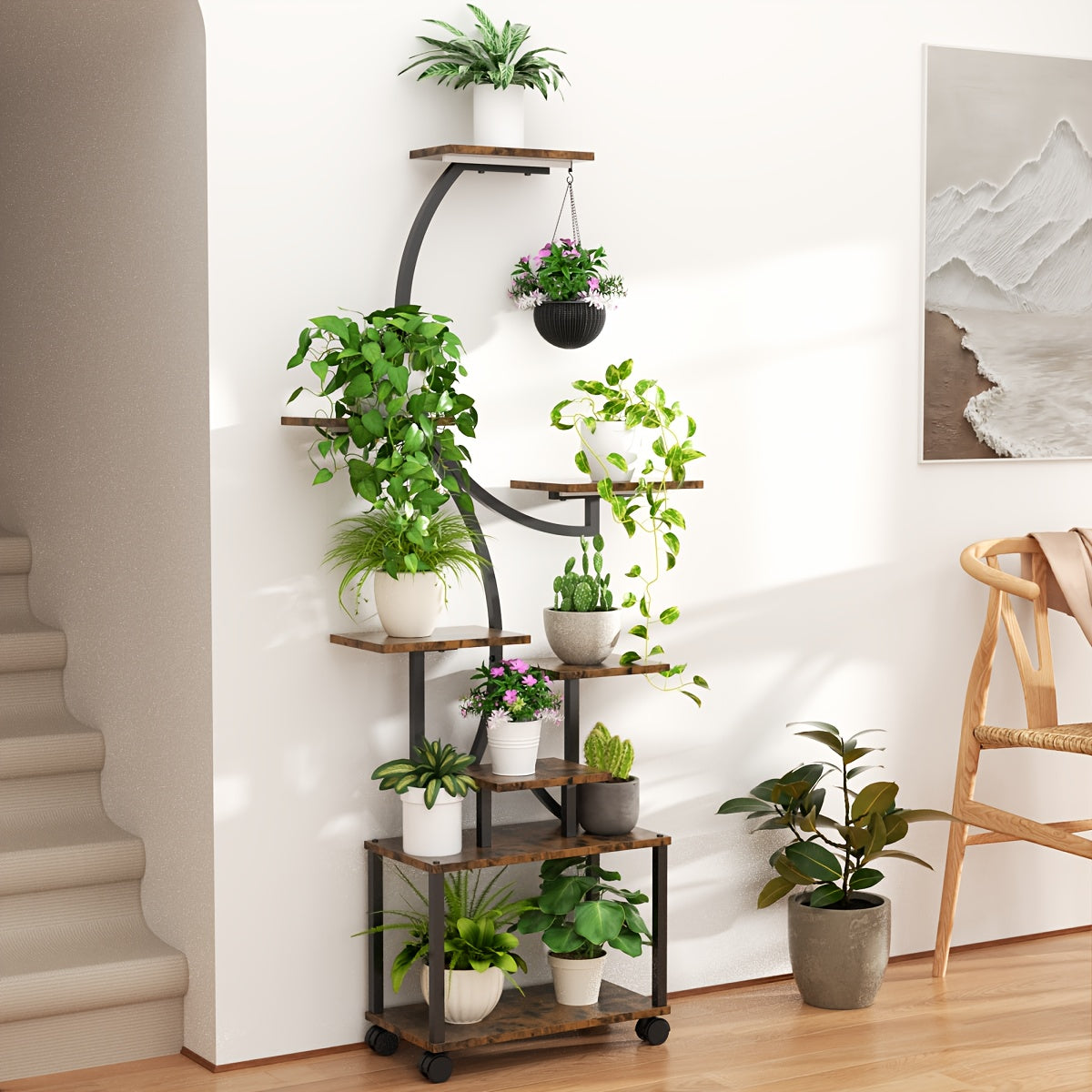 Suporte de plantas em metal em forma de S de 8 camadas - Suporte de plantas moderno e elegante para interior/exterior com rodas, base sólida para sala de estar, varanda, pátio - Exibição de jardim vertical que poupa espaço, decoração de plantas, organizad