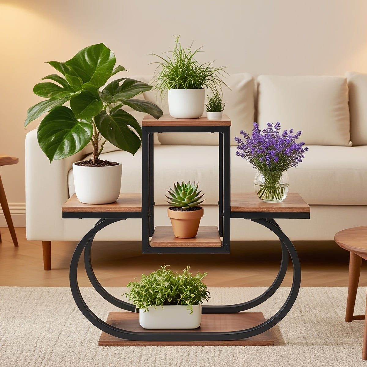 Suporte de Plantas Quadrado Marrom em Madeira com 5 Níveis, Prateleira Geométrica para Vasos Preta e Metálica - Decoração Interna (Sala, Quarto, Escritório) ou Externa (Varanda, Corredor, Jardim), Ideal Para Feriados, Decoração de Plantas,Decoração de Jar