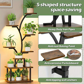 Suporte para Plantas de 8 Níveis com Gaveta de Armazenamento - Prateleira Metálica Resistente para Interior/Exterior, Design Vertical Economizador de Espaço, Estabilidade em Canto Curvo para Sala, Varanda, Casa ou Escritório - Expositor Moderno Estilo Faz