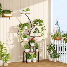 Suporte para Plantas de 8 Níveis com Gaveta de Armazenamento - Prateleira Metálica Resistente para Interior/Exterior, Design Vertical Economizador de Espaço, Estabilidade em Canto Curvo para Sala, Varanda, Casa ou Escritório - Expositor Moderno Estilo Faz