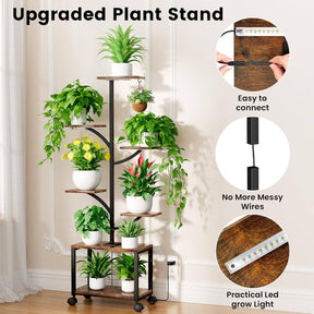 Suporte de planta interior com rodas de luzes de crescimento, 59 altos 7 - Prateleira de planta móvel de canto interior, planta de metal - Suporte de planta em forma de árvore para sala de estar, pátio, varanda, preto