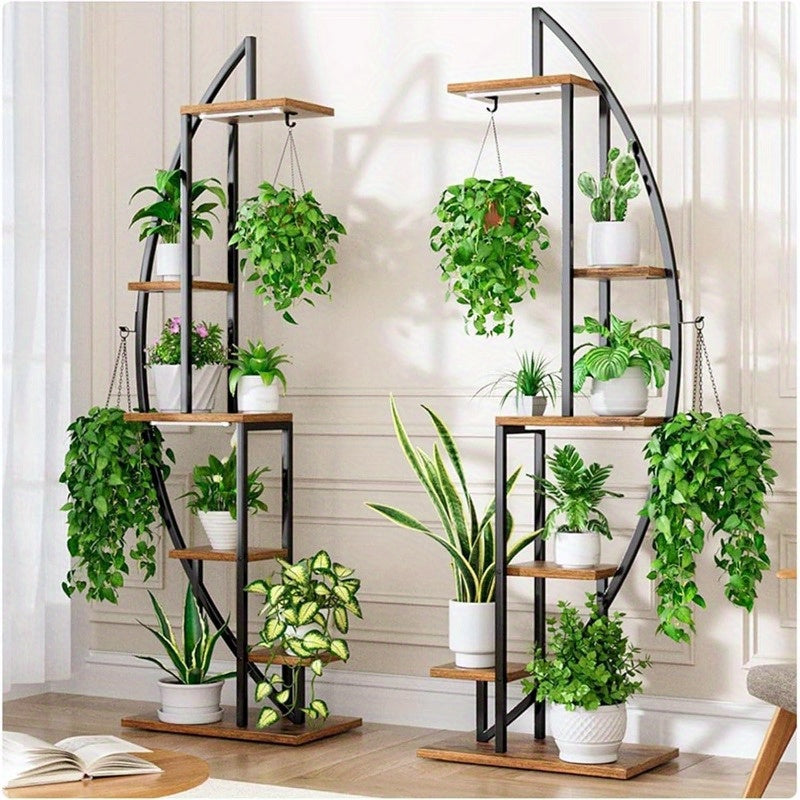 Suporte Curvo para Plantas - Construção em Metal Resistente, Prateleira Economizadora de Espaço para Interior/Exterior, Varanda, Sala ou Escritório - Decoração Moderna Rústica com Base Robusta - Suporta Muitos Vasos - Ideal para Plantas Domésticas, Ervas,