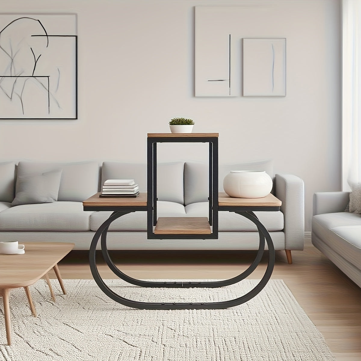 Suporte de Plantas Quadrado Marrom em Madeira com 5 Níveis, Prateleira Geométrica para Vasos Preta e Metálica - Decoração Interna (Sala, Quarto, Escritório) ou Externa (Varanda, Corredor, Jardim), Ideal Para Feriados, Decoração de Plantas,Decoração de Jar
