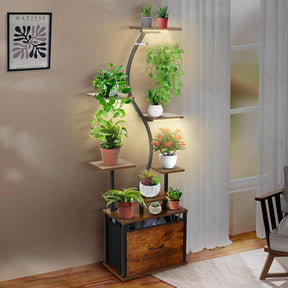 Suporte para Plantas de 8 Níveis com Gaveta de Armazenamento - Prateleira Metálica Resistente para Interior/Exterior, Design Vertical Economizador de Espaço, Estabilidade em Canto Curvo para Sala, Varanda, Casa ou Escritório - Expositor Moderno Estilo Faz