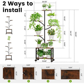 Suporte de planta interior com rodas de luzes de crescimento, 59 altos 7 - Prateleira de planta móvel de canto interior, planta de metal - Suporte de planta em forma de árvore para sala de estar, pátio, varanda, preto